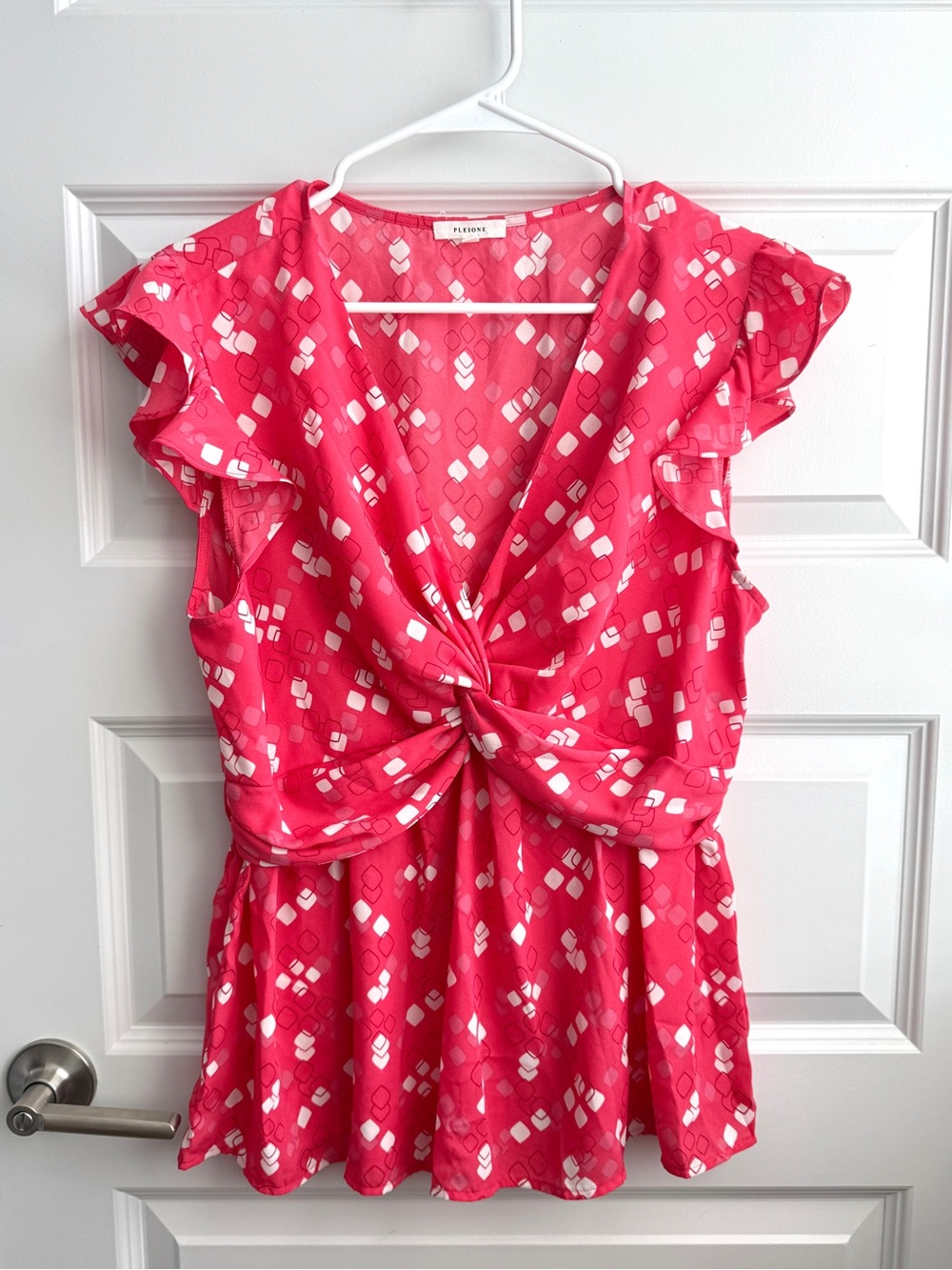 Pleione Y2K Pink Geometric Print Twist Front Flutter Sleeve Blouse Top L
